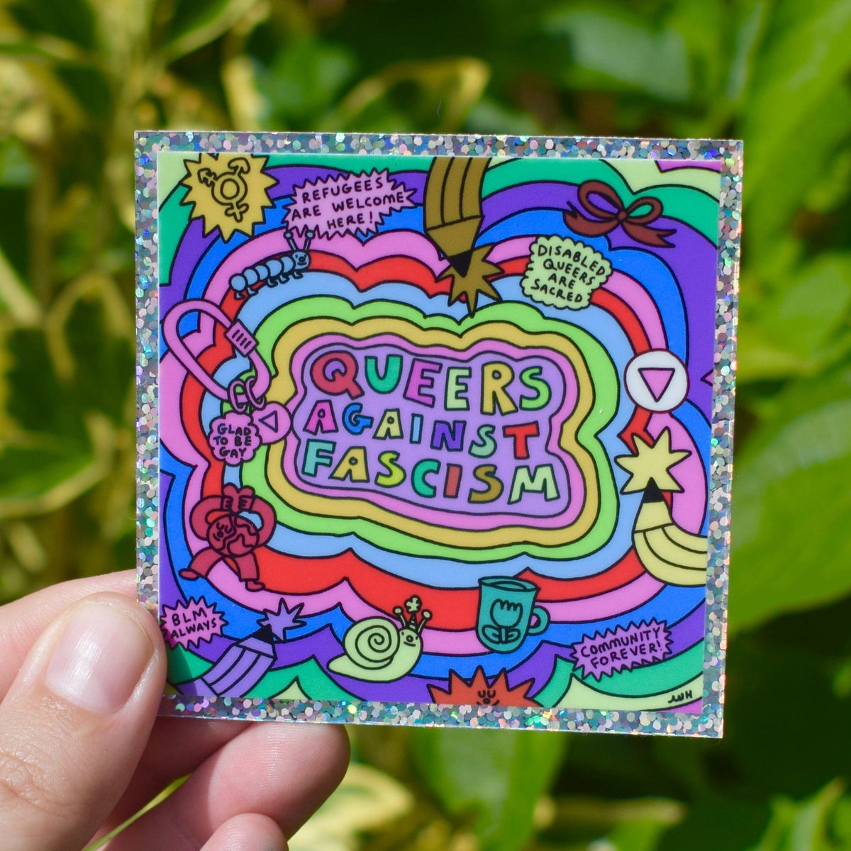 Queers Against Fascism - Square Glitter Sticker